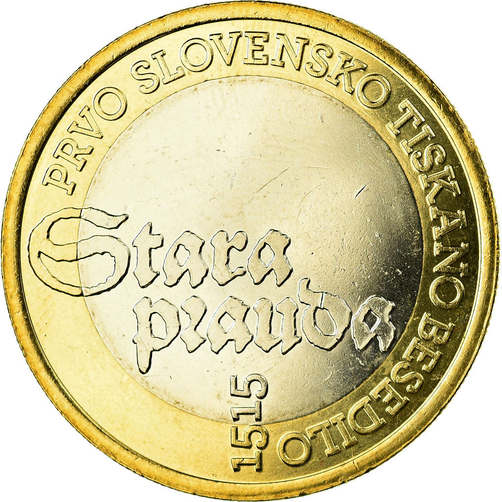Slovenia, 3 Euro, Anniversaire du 1er texte imprimé, 2015, MS(63), Bi-Metallic