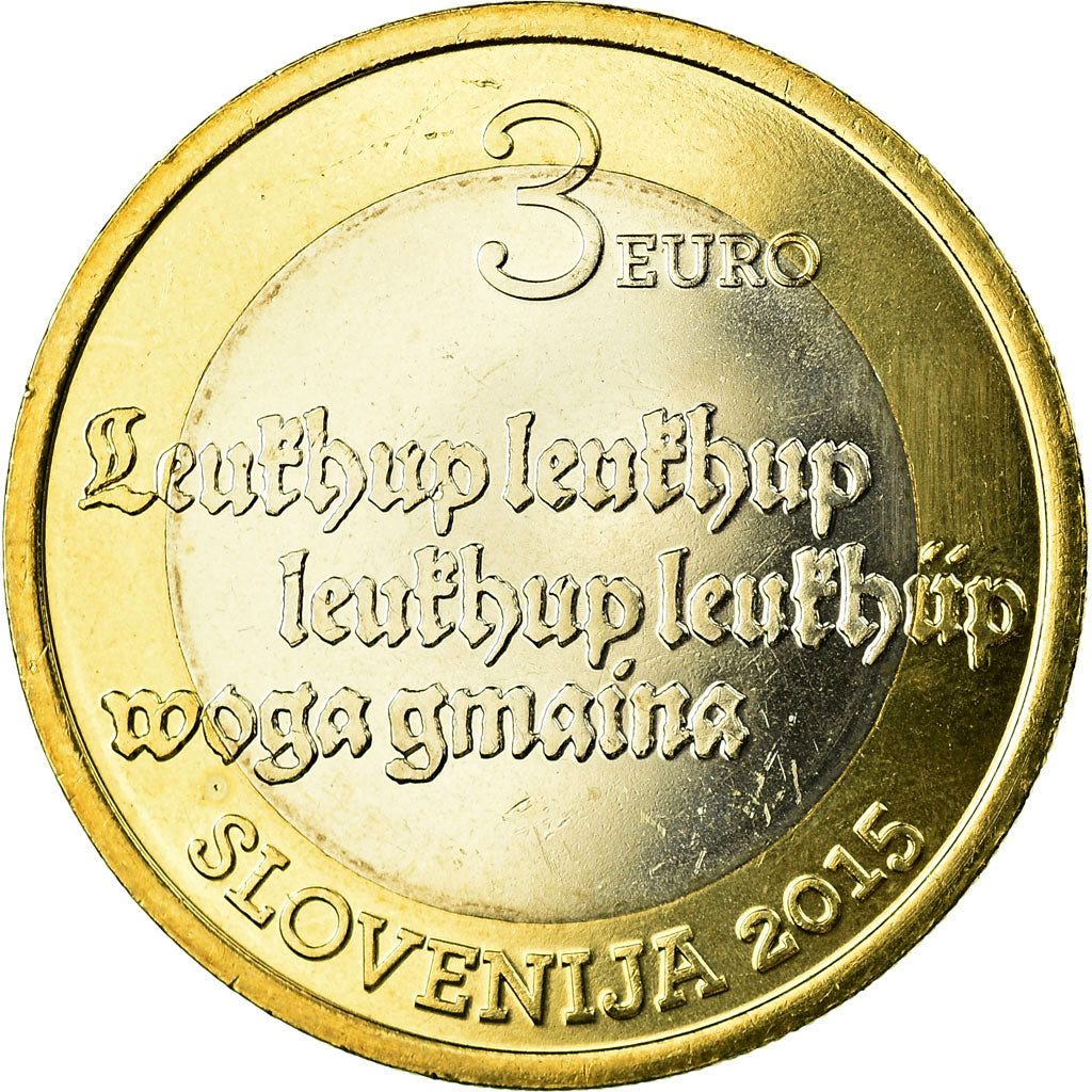 Slovenia, 3 Euro, Anniversaire du 1er texte imprimé, 2015, MS(63), Bi-Metallic