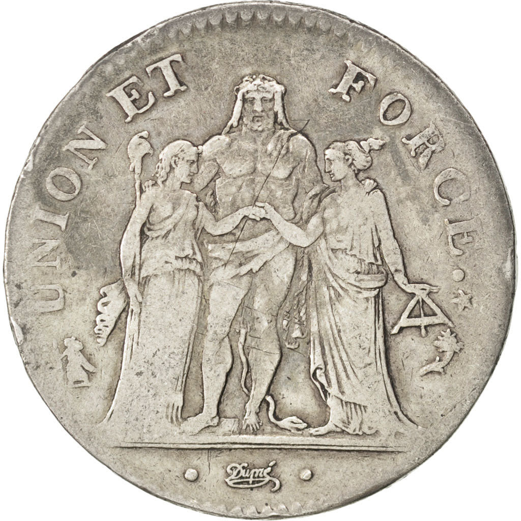 FRANCE, 5 Francs, 1793, Paris, KM #639.1, VF(20-25), Silver, Gadoury #563, 24.60