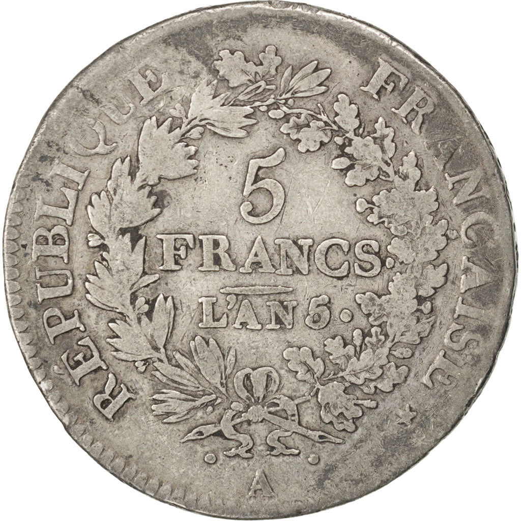 FRANCE, 5 Francs, 1793, Paris, KM #639.1, VF(20-25), Silver, Gadoury #563, 24.60