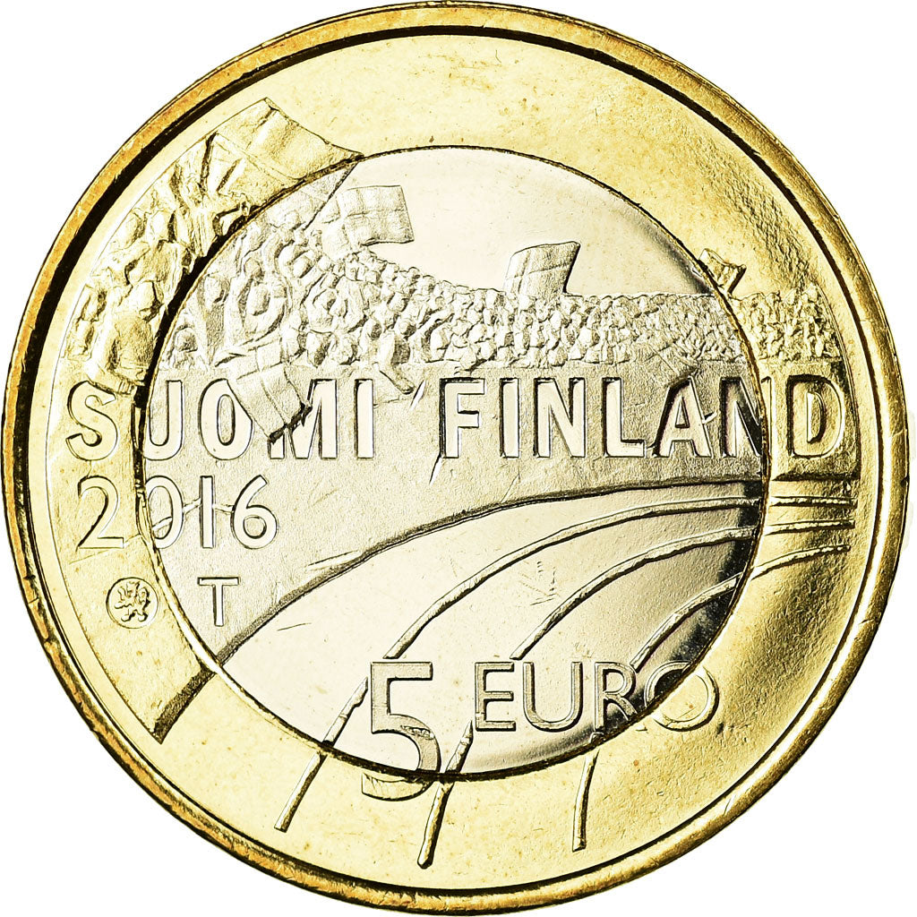Finland, 5 Euro, Le hockey sur glace, 2016, MS(63), Bi-Metallic, KM:243