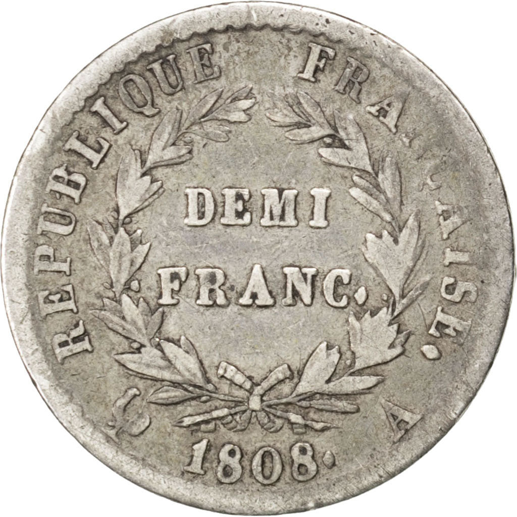 FRANCE, Napoléon I, 1/2 Franc, 1808, Paris, KM #680.1, VF(30-35), Silver, Gadour