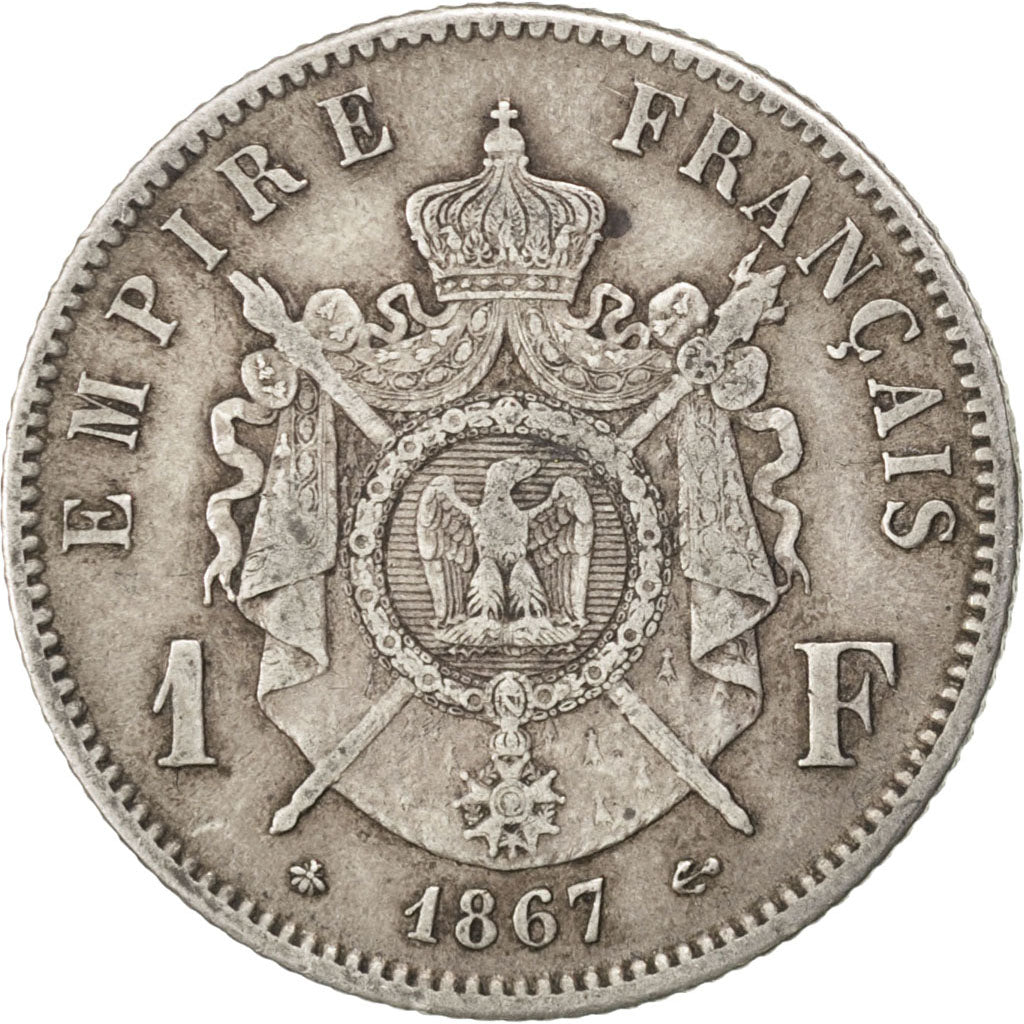 FRANCE, 1 Franc, 1867, Paris, KM #806.1, VF(30-35), Silver, Gadoury #463, 4.98