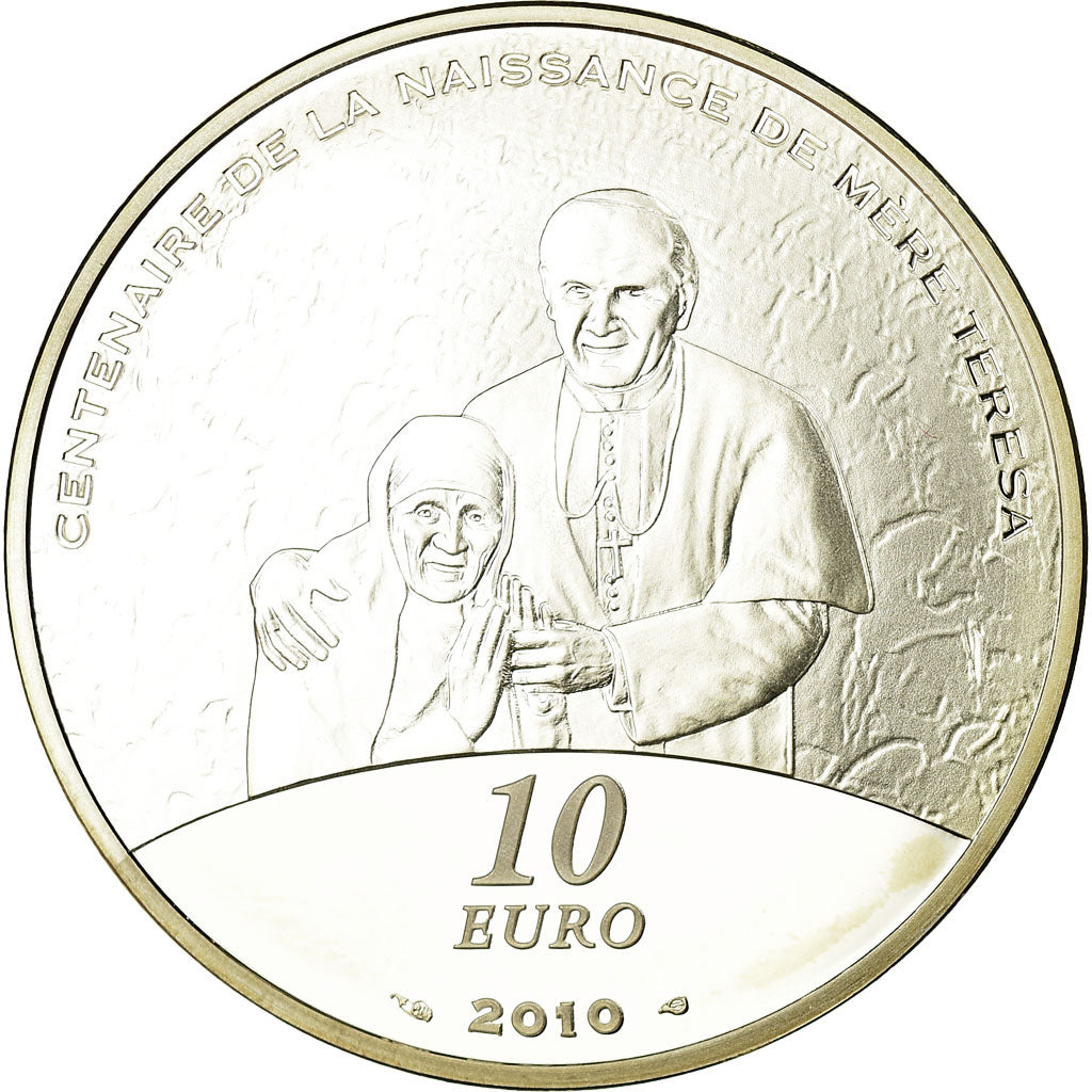 France, 10 Euro, Mère Teresa et Jean-Paul II, 2010, BE, MS(65-70), Silver