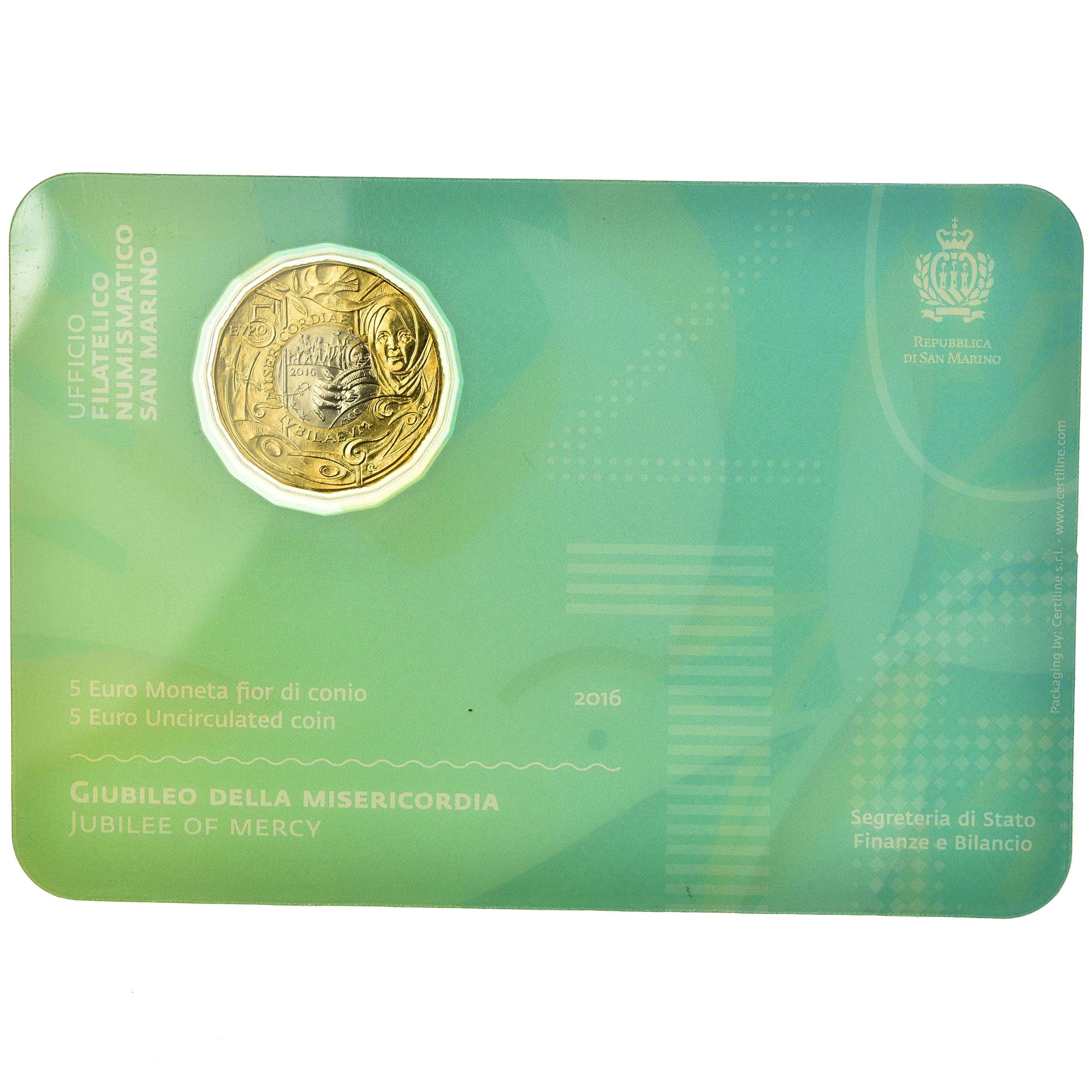 San Marino, 5 Euro, Jubilé de la Miséricorde, 2016, MS(65-70), Bi-Metallic