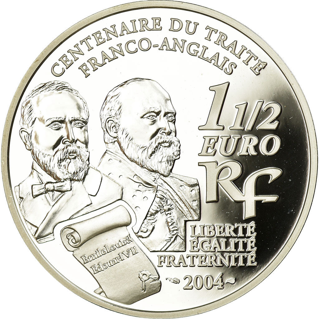 France, 1-1/2 Euro, Entente Cordiale, Le siècle, 2004, BE, MS(65-70), Silver