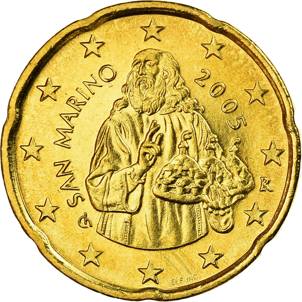San Marino, 20 Euro Cent, 2005, MS(63), Latão, KM:444