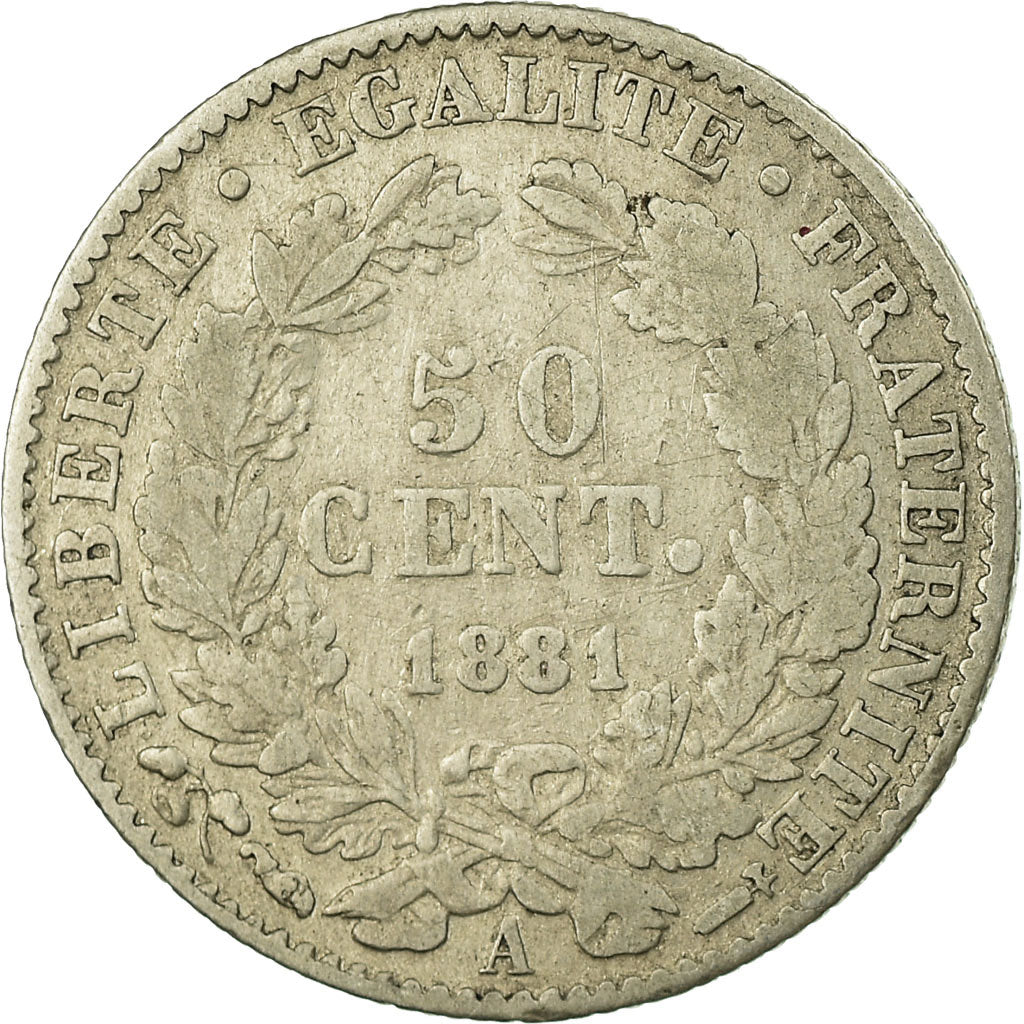 Moneta, Francia, Cérès, 50 Centimes, 1881, Paris, MB, Argento, KM:834.1