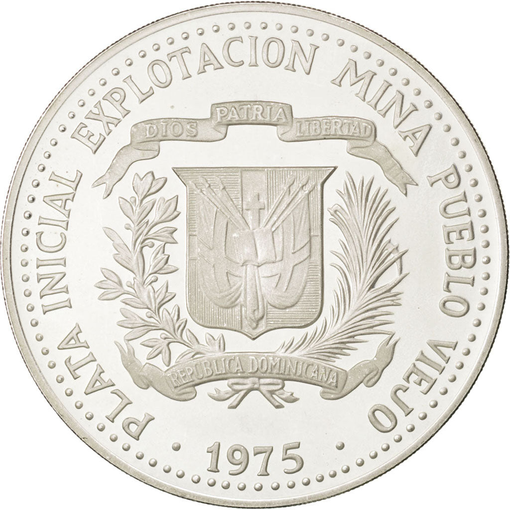 DOMINICAN REPUBLIC, 10 Pesos, 1975, KM #38, MS(63), Silver, 29.87