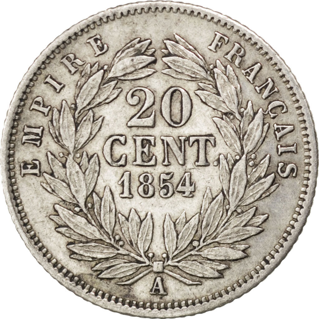 FRANCE, Napoléon III, 20 Centimes, 1854, Paris, KM #778.1, AU(50-53), Silver, 15