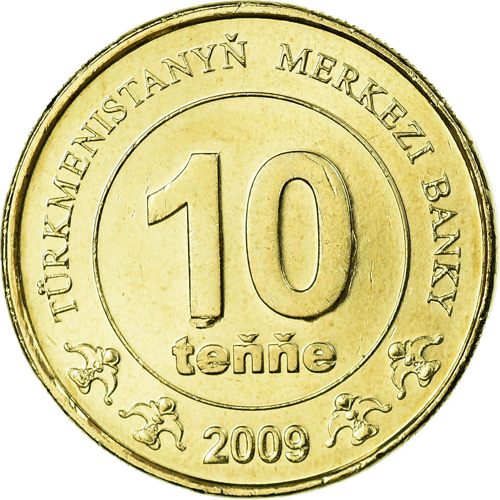 Coin, Turkmanistan, 10 Tenge, 2009, MS(63), Brass, KM:98