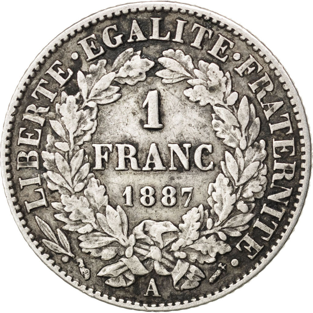 FRANCE, Cérès, Franc, 1887, Paris, KM #822.1, EF(40-45), Silver, 23, Gadoury #..