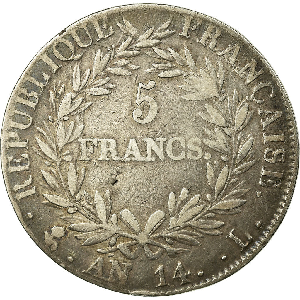 France, Napoleon I, 5 Francs, AN 14, Bayonne, Silver, VF(30-35), Gadoury:580