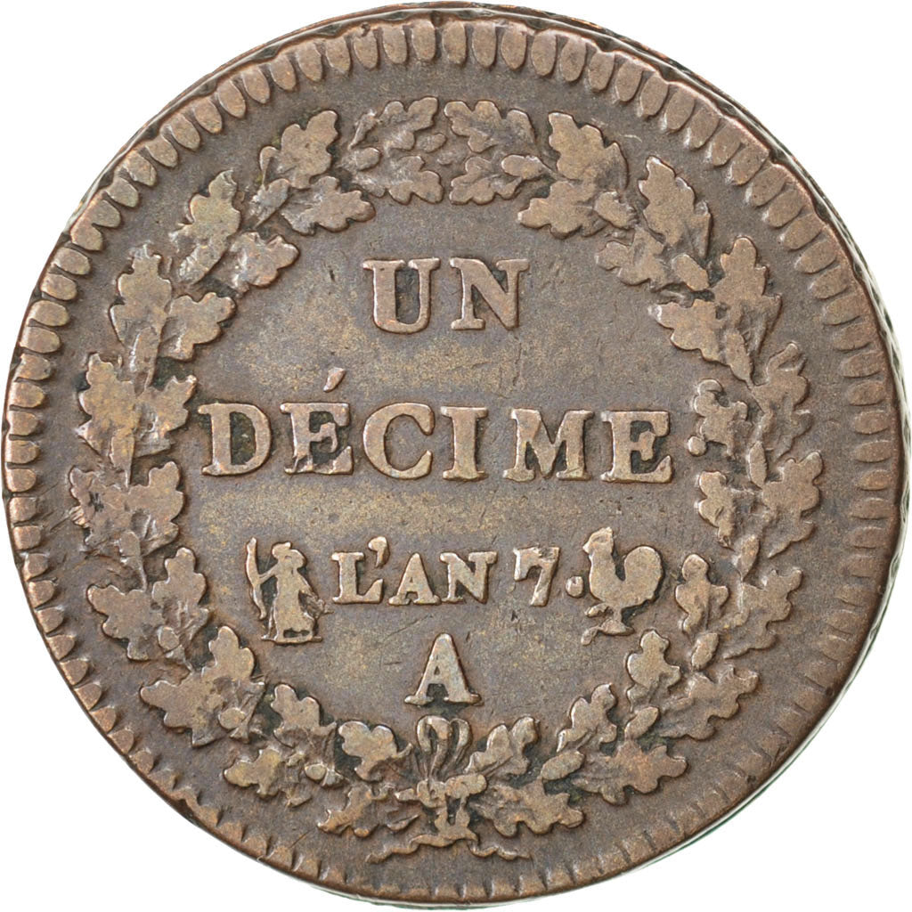 FRANCE, Dupré, Decime, 1799, Paris, KM #644.1, EF(40-45), Bronze, 32, Gadoury #.