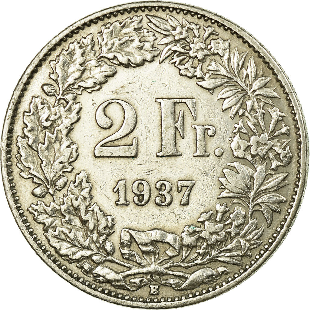 Coin, Switzerland, 2 Francs, 1937, Bern, AU(50-53), Silver, KM:21