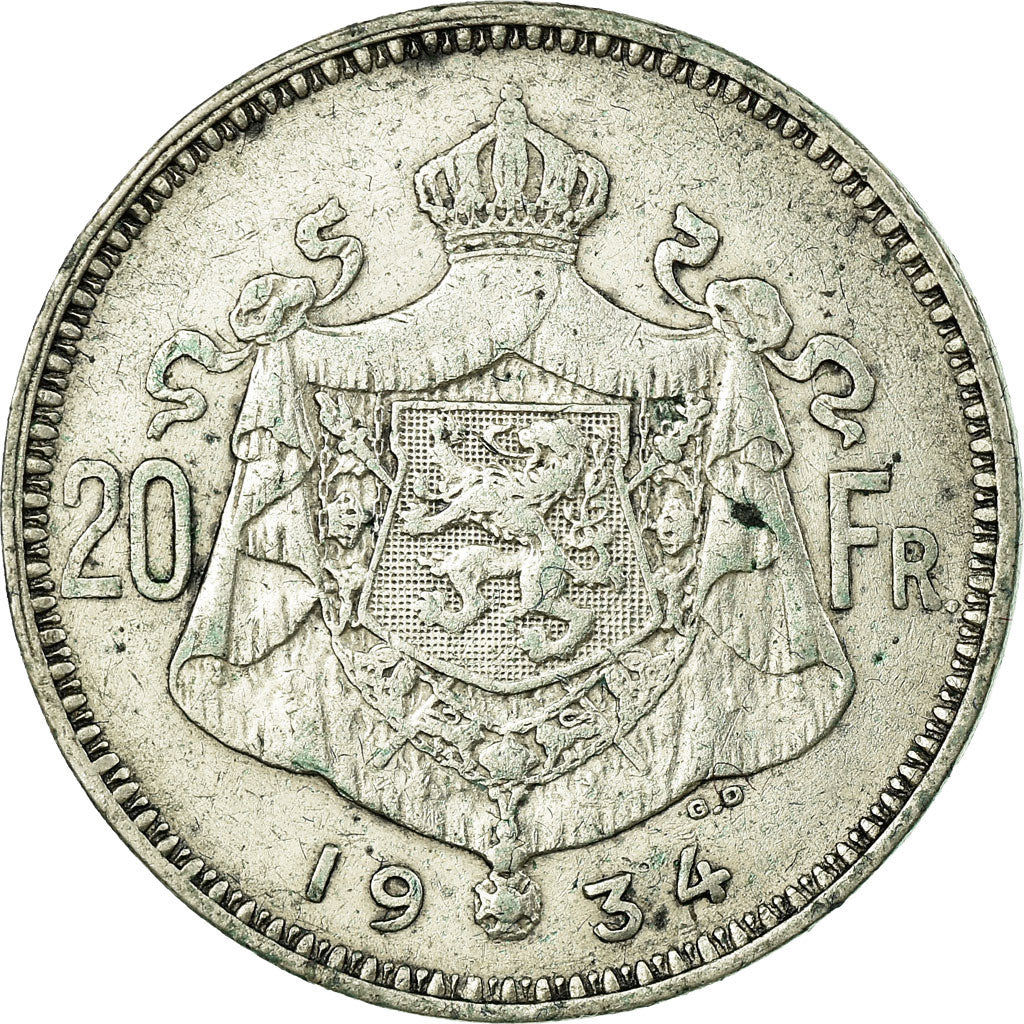 Moeda, Bélgica, 20 Francs, 20 Frank, 1934, VF(30-35), Prata, KM:104.1