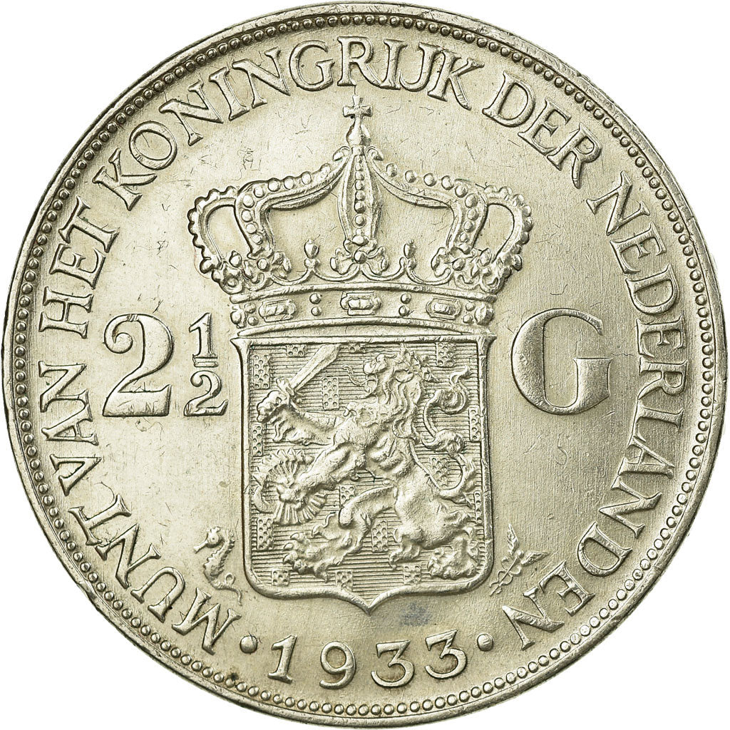 Coin, Netherlands, Wilhelmina I, 2-1/2 Gulden, 1933, AU(55-58), Silver, KM:165