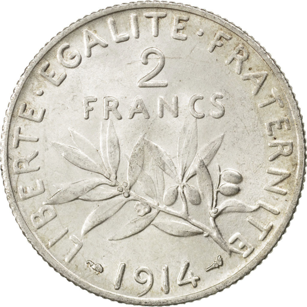 FRANCE, Semeuse, 2 Francs, 1914, Paris, KM #845.1, MS(65-70), Silver, 27,...