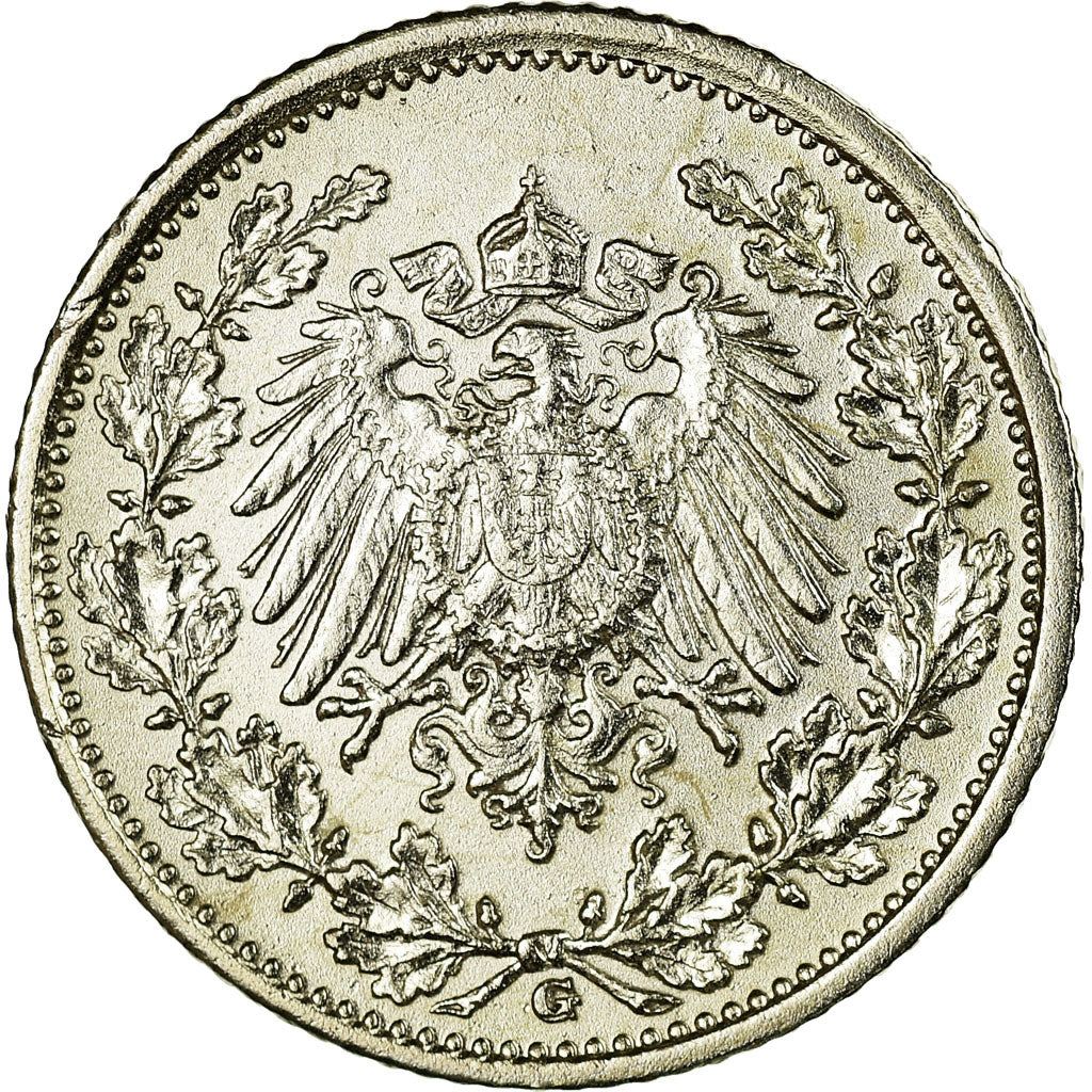 Coin, GERMANY - EMPIRE, 1/2 Mark, 1915, Karlsruhe, AU(55-58), Silver, KM:17