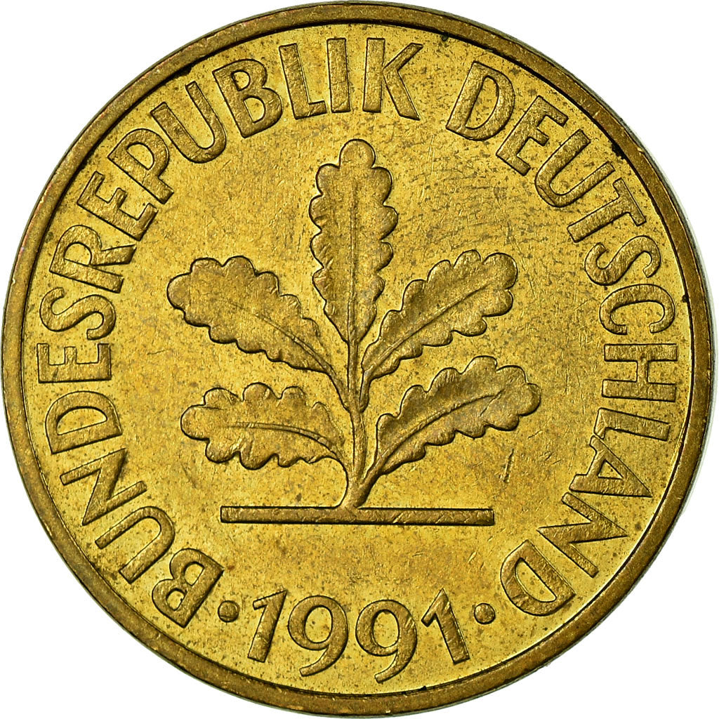Coin, GERMANY - FEDERAL REPUBLIC, 10 Pfennig, 1991, Munich, EF(40-45), Brass