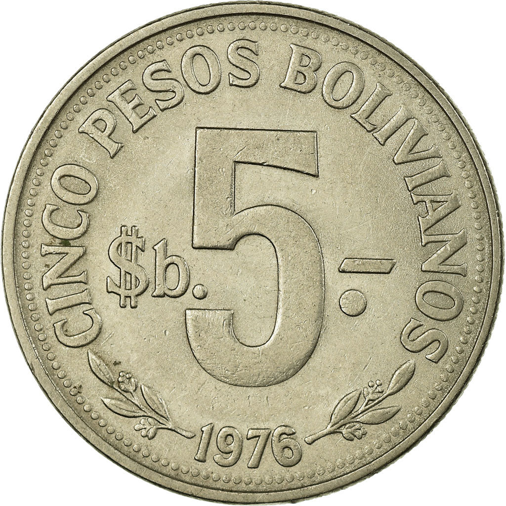 Munten, Bolivia, 5 Pesos Bolivianos, 1976, ZF, Nickel Clad Steel, KM:197
