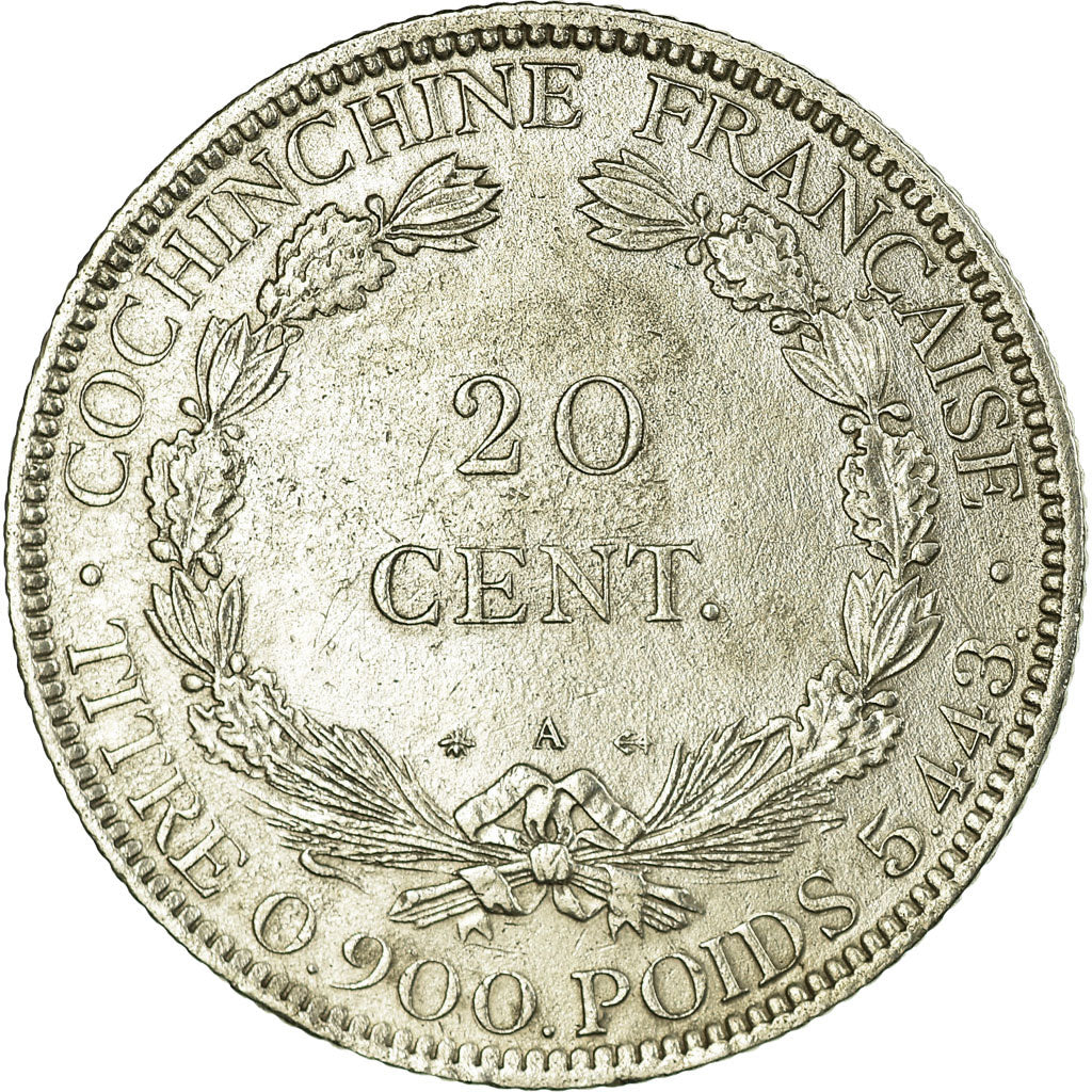 Moeda, COCHINCHINA FRANCESA, 20 Cents, 1879, Paris, AU(50-53), Prata, KM:5