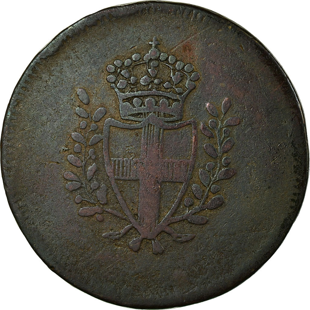 Coin, ITALIAN STATES, GENOA, Quattro (4) Denari, 1814, Genoa, VF(20-25), Copper