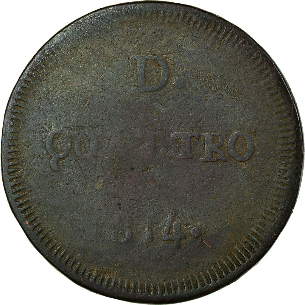Coin, ITALIAN STATES, GENOA, Quattro (4) Denari, 1814, Genoa, VF(20-25), Copper