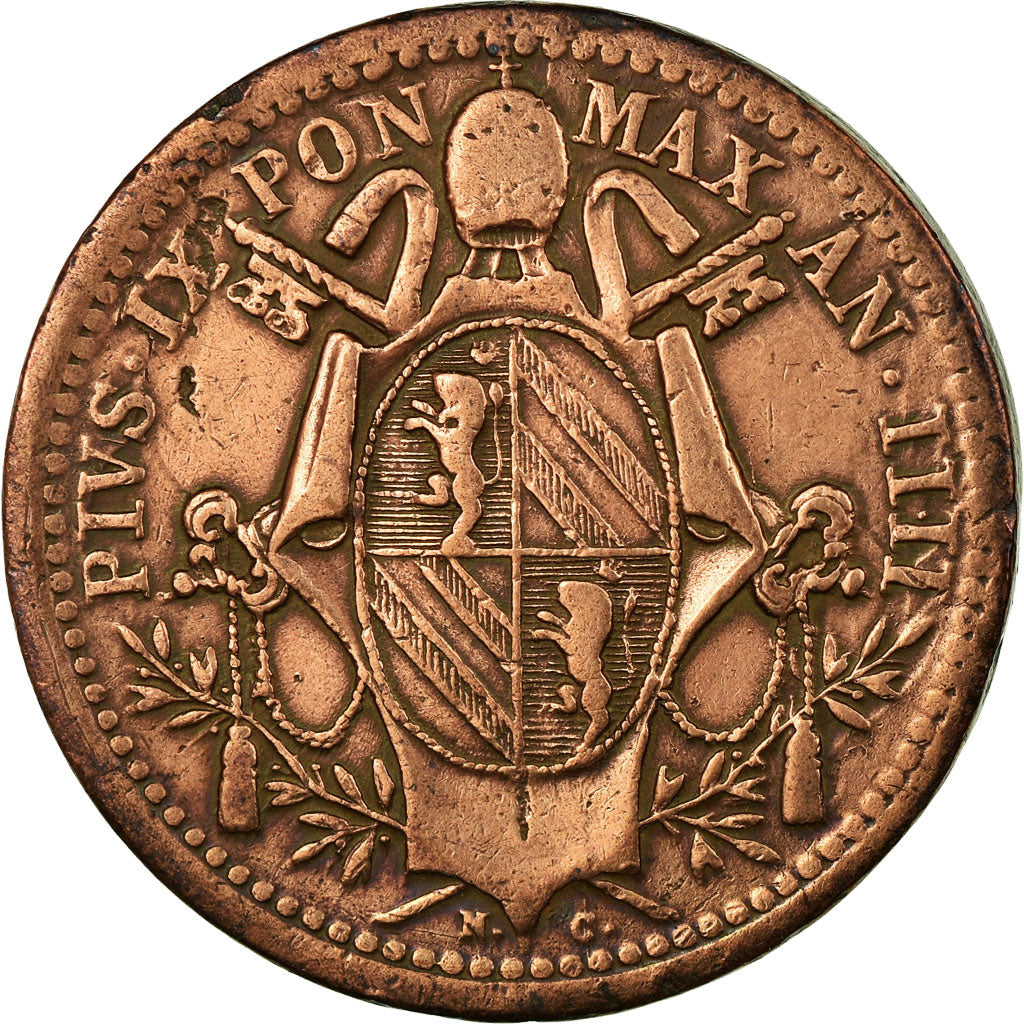 Moeda, ESTADOS ITALIANOS, PAPAL STATES, Pius IX, Mezzo (1/2) Baiocco, 1849