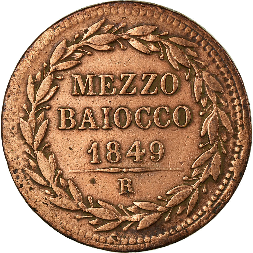Moeda, ESTADOS ITALIANOS, PAPAL STATES, Pius IX, Mezzo (1/2) Baiocco, 1849