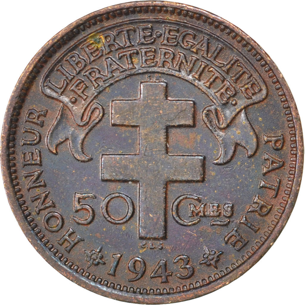 Madagascar, 50 Centimes, 1943, Paris, KM #1, EF(40-45), Bronze, 2.80