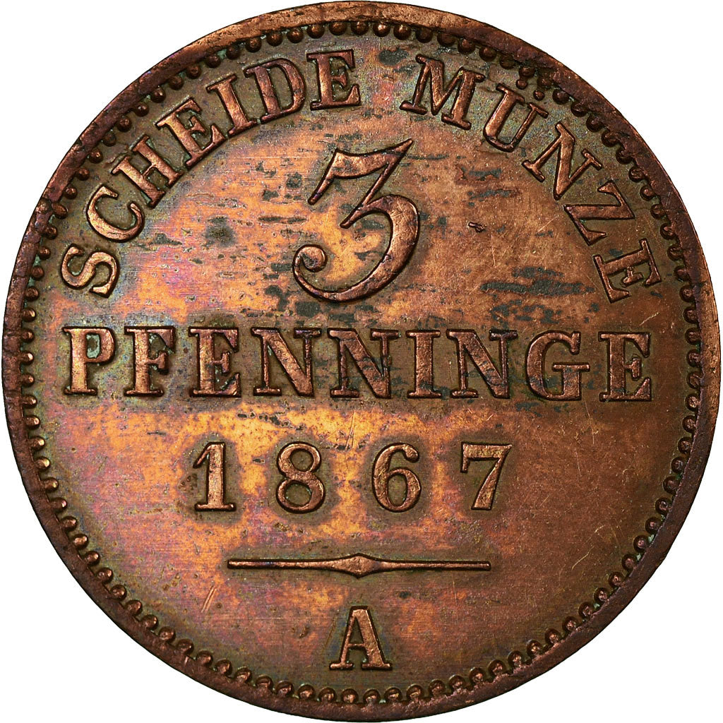 Coin, German States, PRUSSIA, Wilhelm I, 3 Pfennig, 1867, VF(30-35), Copper