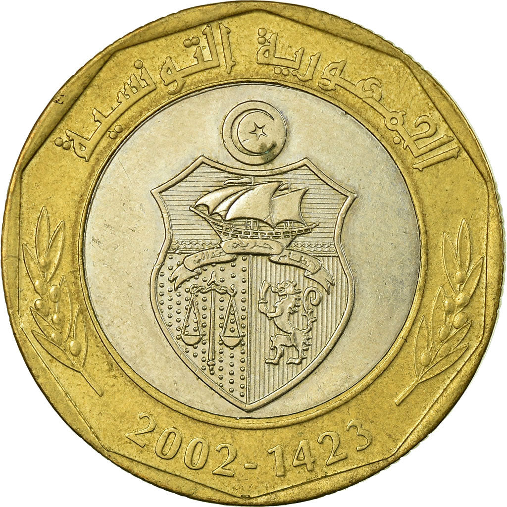 Coin, Tunisia, 5 Dinars, 2002/AH1423, Paris, EF(40-45), Bi-Metallic, KM:444
