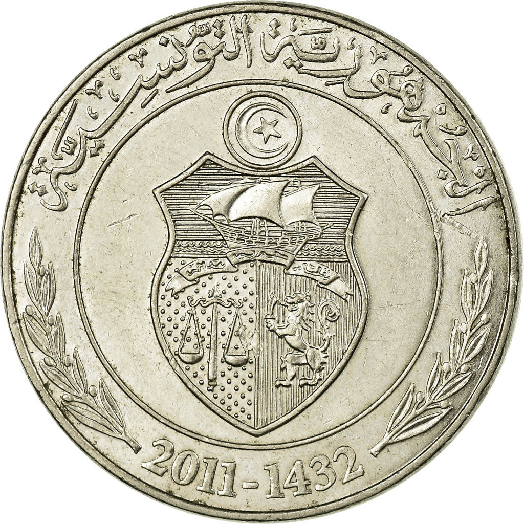 Coin, Tunisia, Dinar, 2011/AH1432, Paris, EF(40-45), Copper-nickel, KM:347