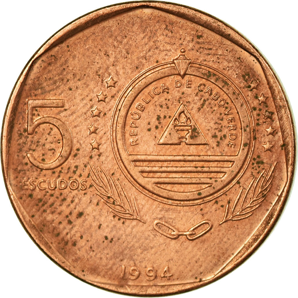 Coin, Cape Verde, 5 Escudos, 1994, VF(30-35), Copper Plated Steel, KM:28
