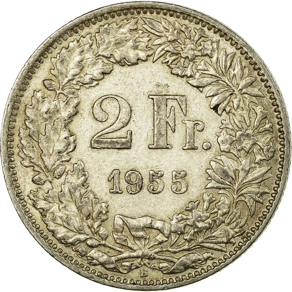 Coin, Switzerland, 2 Francs, 1955, Bern, VF(30-35), Silver, KM:21