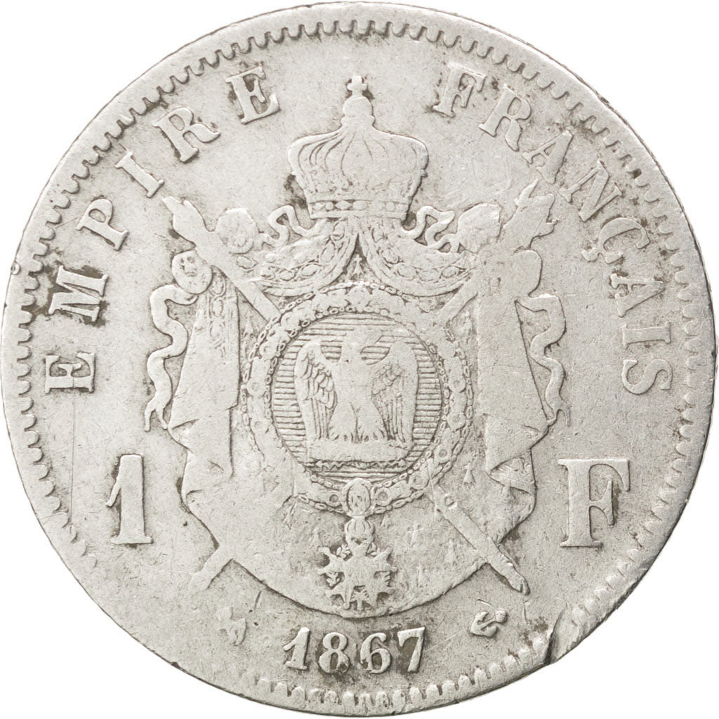 FRANCE, Napoléon III, Franc, 1867, Bordeaux, KM #806.3, VF(20-25), Silver, G...