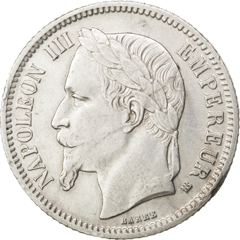 FRANCE, Napoléon III, Franc, 1866, Strasbourg, KM #806.2, AU(50-53), Silver, G..