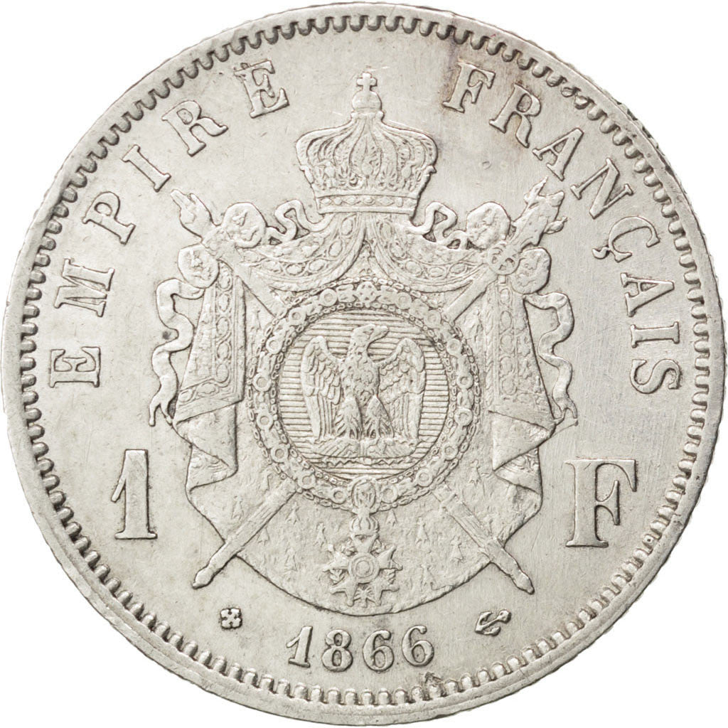 FRANCE, Napoléon III, Franc, 1866, Strasbourg, KM #806.2, AU(50-53), Silver, G..