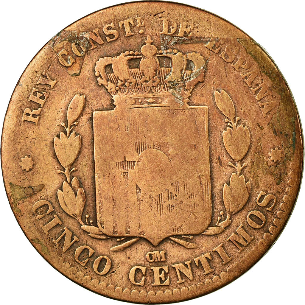 Moneda, España, Alfonso XII, 5 Centimos, 1877, Madrid, BC, Bronce, KM:674