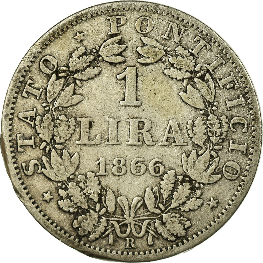 Coin, ITALIAN STATES, PAPAL STATES, Pius IX, Lira, 1866, Roma, F(12-15), Silver