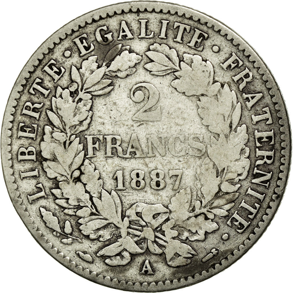 Coin, France, Cérès, 2 Francs, 1887, Paris, VF(20-25), Silver, KM:817.1