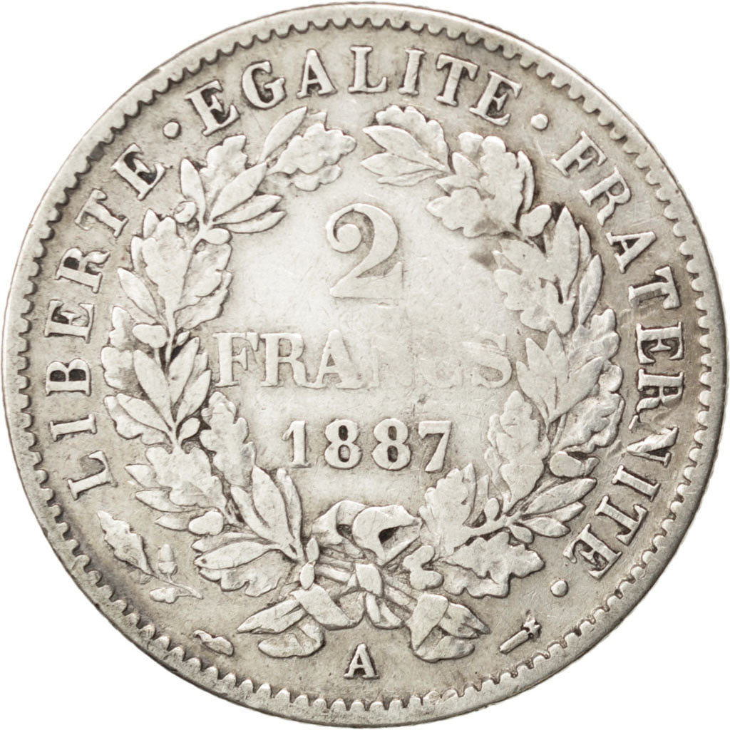 FRANCE, Cérès, 2 Francs, 1887, Paris, KM #817.1, VF(20-25), Silver, 27, Gadoury
