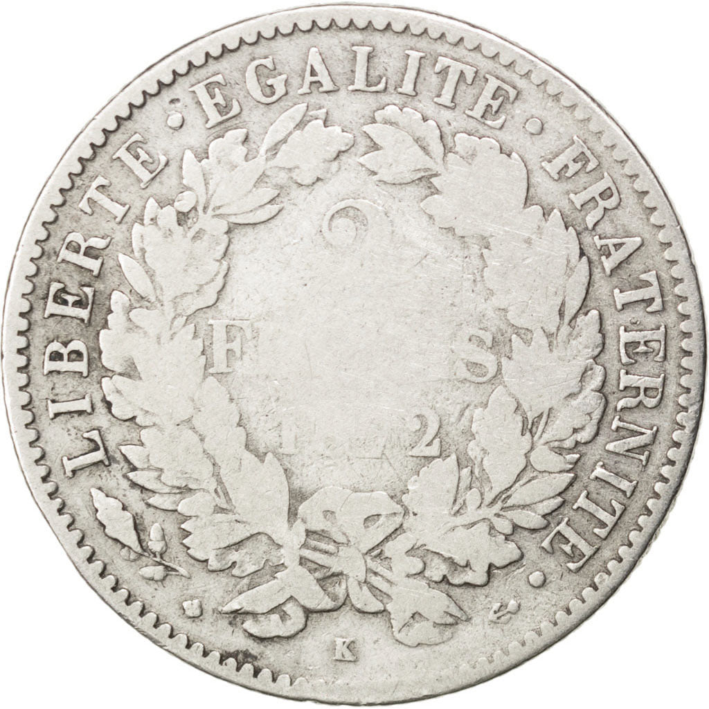 FRANCE, Cérès, 2 Francs, 1872, Paris, KM #817.1, VG(8-10), Silver, 27, Gadoury #