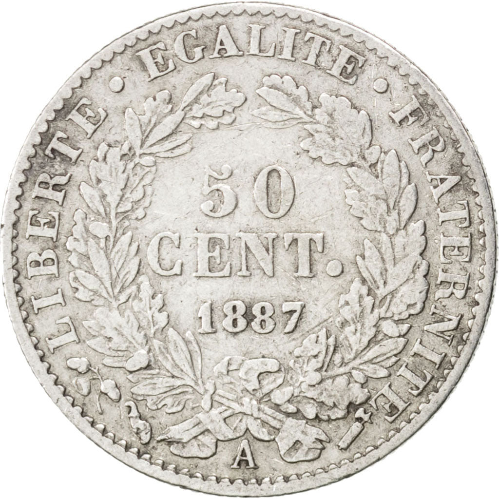 FRANCE, Cérès, 50 Centimes, 1887, Paris, KM #834.1, EF(40-45), Silver, 18, 2.46