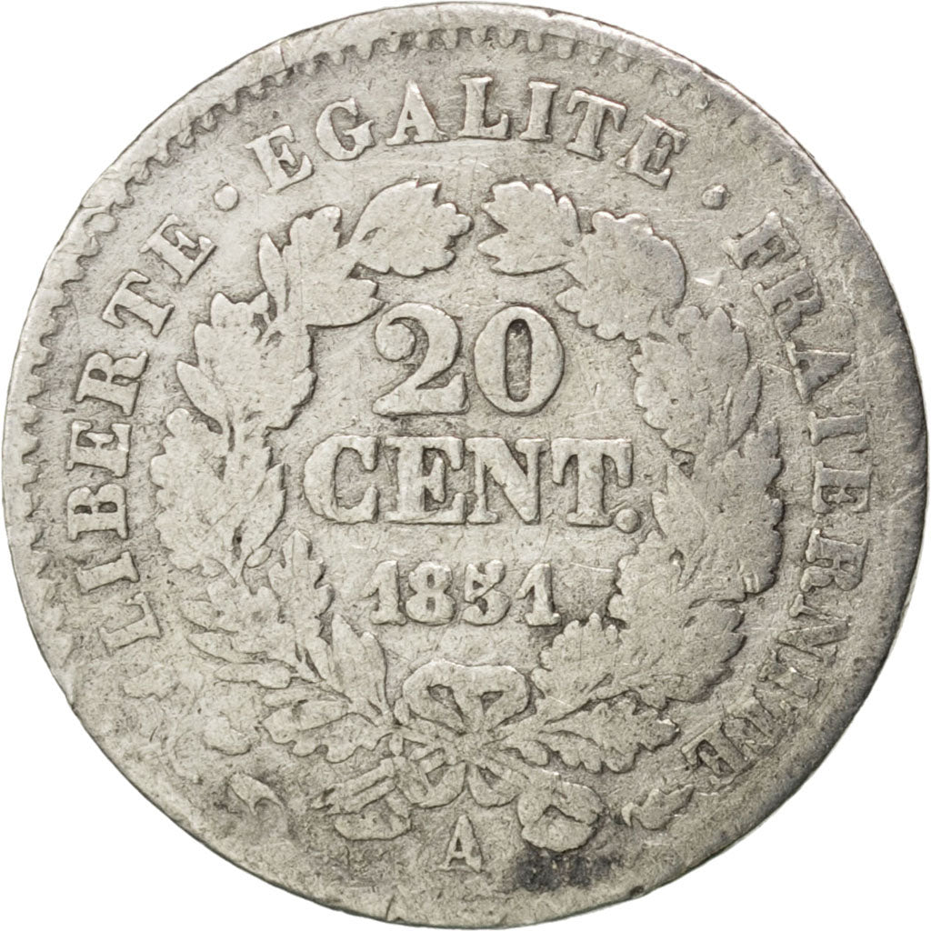 FRANCE, Cérès, 20 Centimes, 1851, Paris, KM #758.1, VF(20-25), Silver, Gadoury #