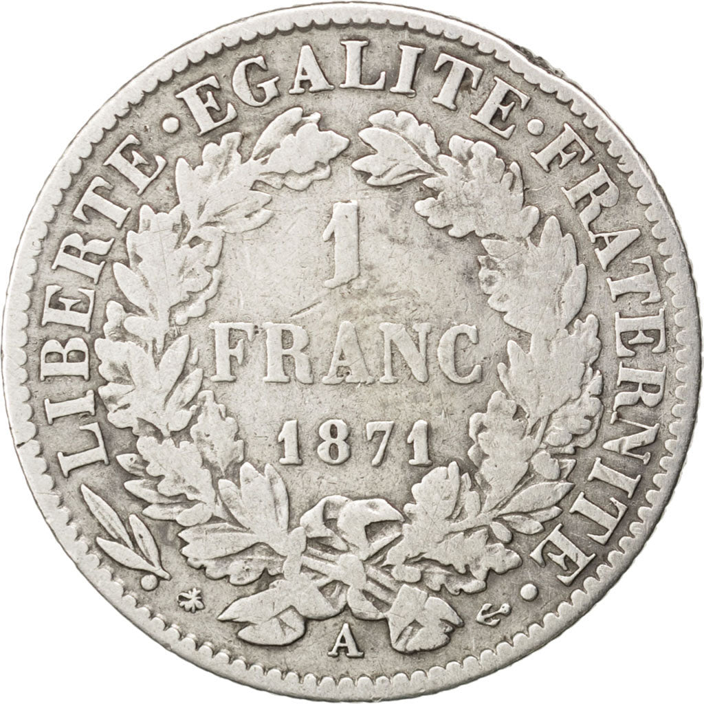 FRANCE, Cérès, Franc, 1871, Paris, KM #822.1, VF(20-25), Silver, 23, Gadoury #..