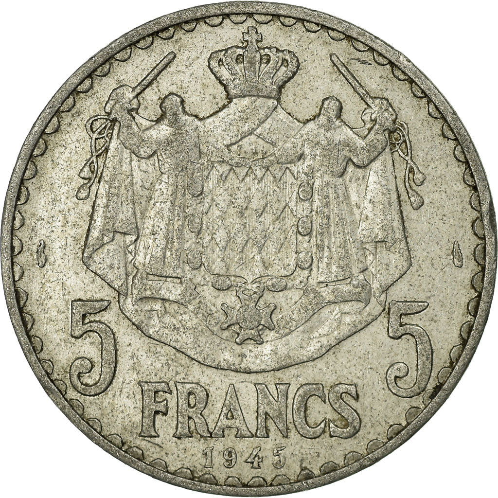 Coin, Monaco, Louis II, 5 Francs, 1945, Poissy, EF(40-45), Aluminum, KM:122