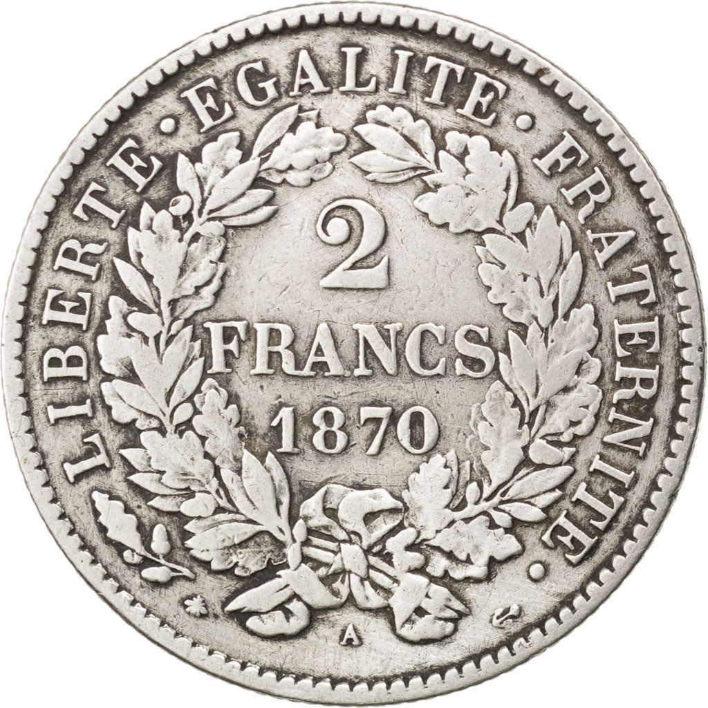 FRANCE, Cérès, 2 Francs, 1870, Paris, KM #817.1, VF(30-35), Silver, 27, Gadoury