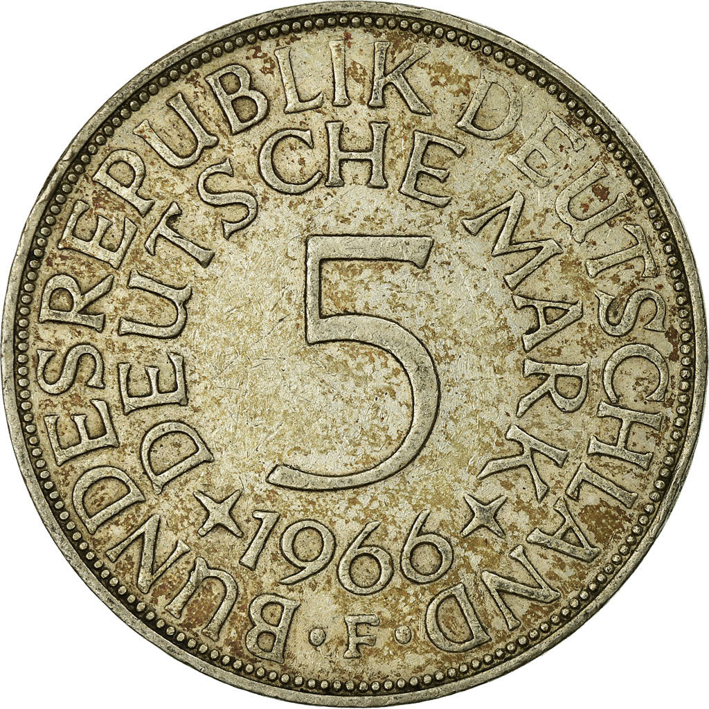 Coin, GERMANY - FEDERAL REPUBLIC, 5 Mark, 1966, Stuttgart, VF(30-35), Silver
